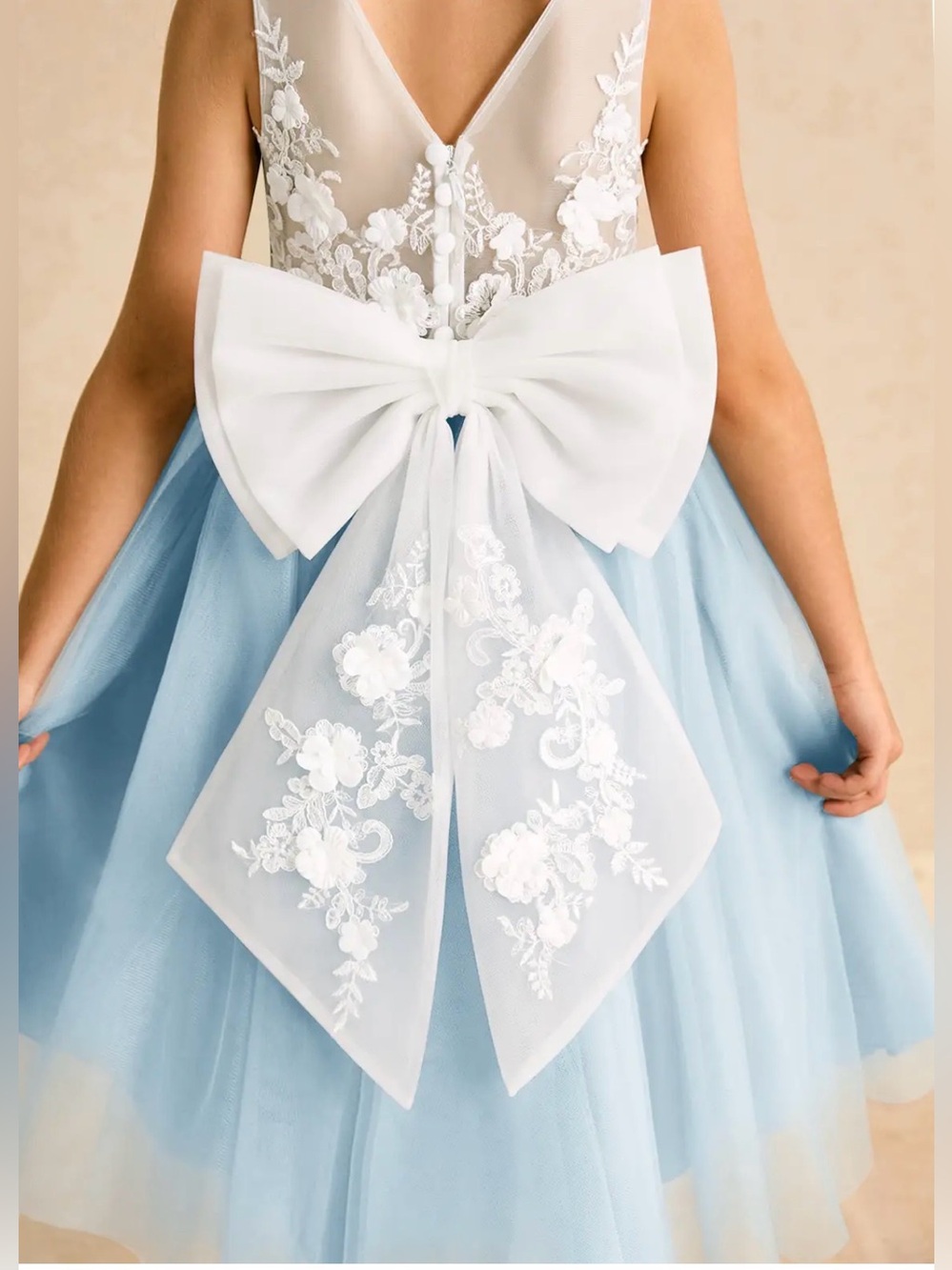 Azazie White and Light Blue Floral Appliqué Tulle Dress for Girls Flower Girl - Picture 2 of 16